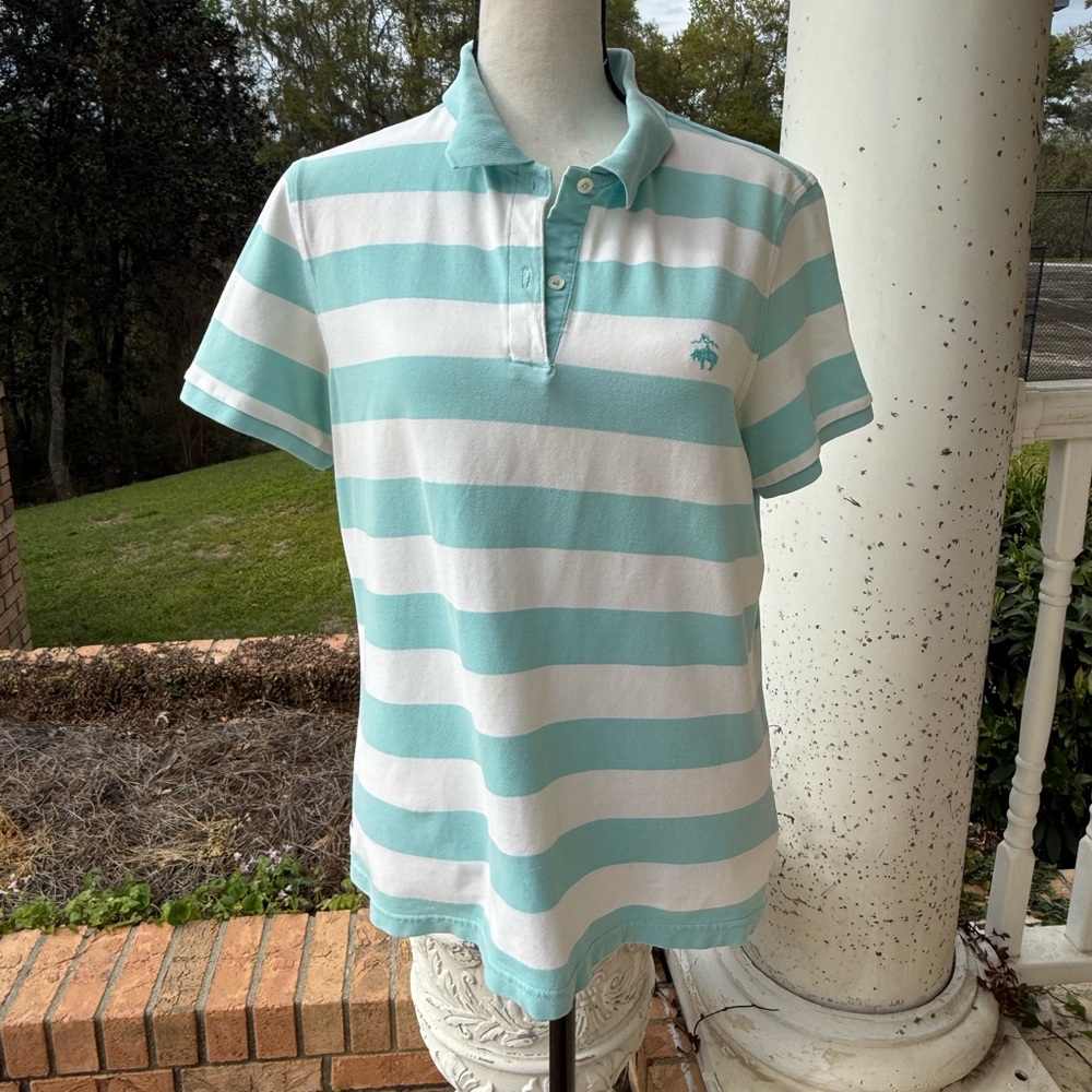 Brooks Brothers 346 Women’s Striped Polo Shirt Large Aqua White Cotton Preppy